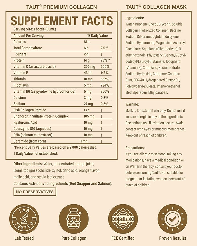 TAUT Marine Collagen Drink & Face Mask – 13,000mg Hydrolyzed Collagen Protein with Hyaluronic Acid for Youthful, Radiant Skin – Includes 15 Bottles and 5 Masks (30-Day Supply)