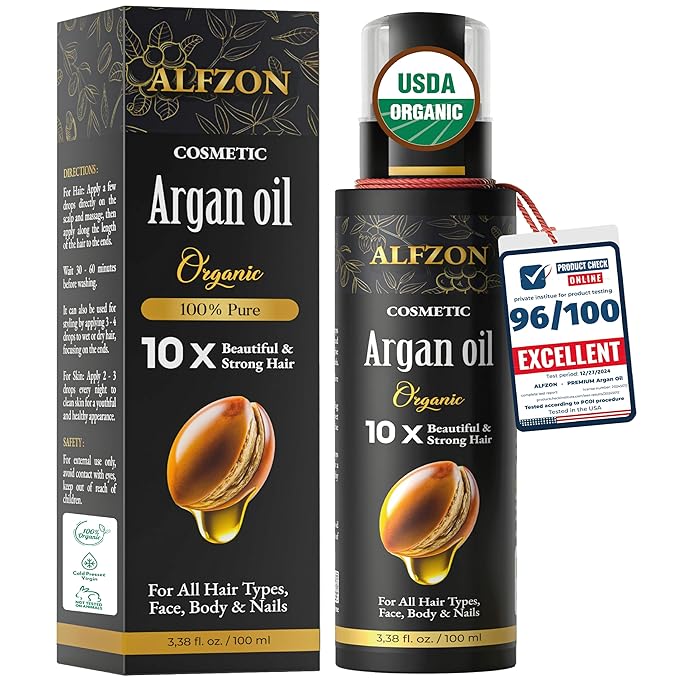 ๐๐๐๐ฉ๐๐ Moroccan Argan Oil 100% Pure USDA Organic Hair Treatment, Cold Pressed For Dry, Damaged, Curly & Frizzy Hair, Skin, Face, Body & Beard Natural Anti Aging for Women & Men, Large 3.38 oz