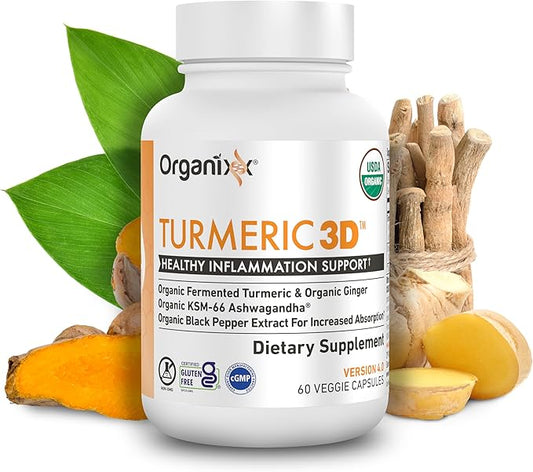Organixx USDA Organic Turmeric Curcumin Supplement with Ashwagandha, Turmeric & Ginger – Immune & Joint Support, Fermented for Maximum Bioavailability, 60 Vegetarian Capsules
