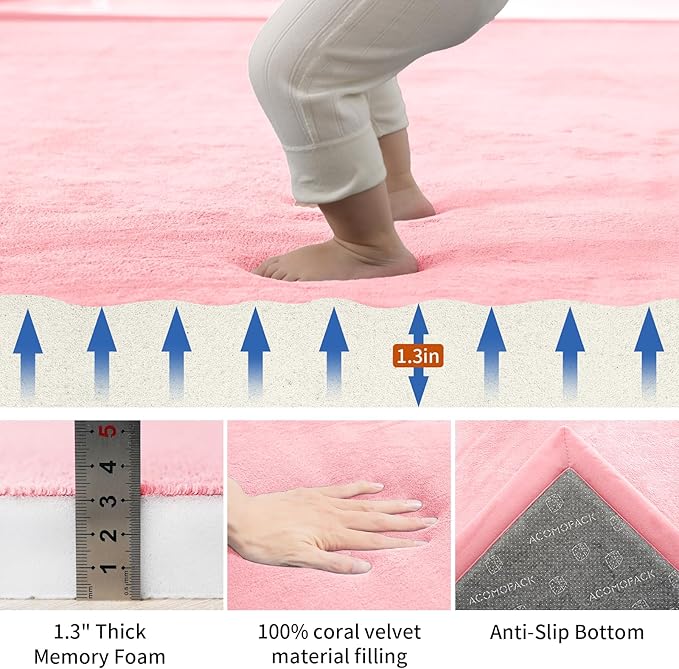 ACOMOPACK Baby Play Mat for Floor,1.3" Thick Memory Foam Area Rug for Living Room,Soft Velvet Crawling with Non-Slip Bottom for Kid,Toddler,79"×118" Tummy Time Nursery Rugs,Yoga(Pink)