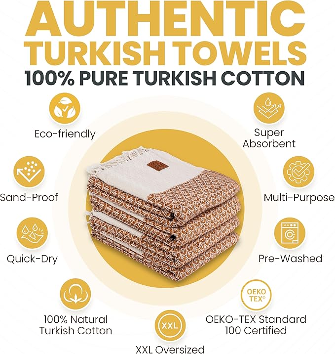 Gold CASE Turkish Beach Towel Set of 4 – 100% Cotton Large Turkish Bath Towels 67 x 38'' – Helen Extra Large, Quick Dry & Sand Free Towels – Peshtemal for Pool – Orange