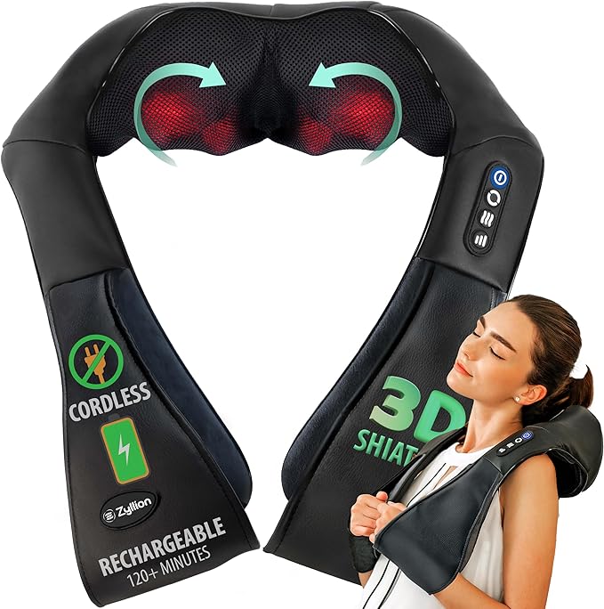 Zyllion Shiatsu Neck and Back Massager with Heat - Cordless Rechargeable 3D Electric Kneading Deep Tissue Massage for Muscle Pain Relief, Black, ZMA-28RB