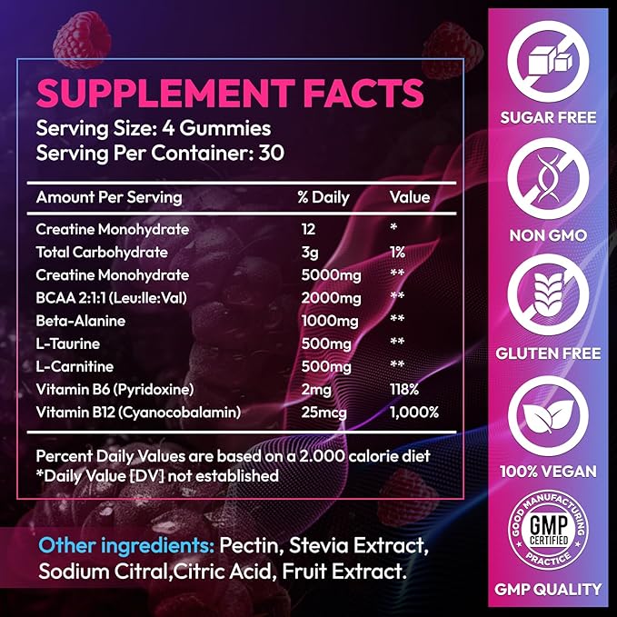 Creatine Gummies Monohydrate Complex 9000MG, Pre-Workout for Men & Women, Creatine Gummy with L-Taurine, BCAA 2:1, B12/6 for Muscle Support, Enhance Strength, Energy Boost-120 Count