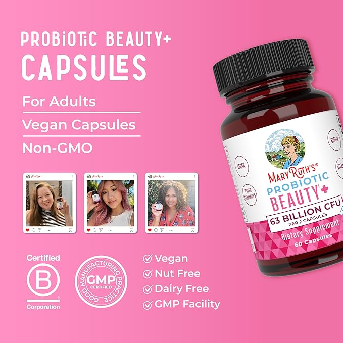 MaryRuth Organics Probiotic Beauty Capsules | Vegan Collagen Support | Anti Aging | Gut Health | Hair Skin and Nails Vitamins | Skin Care | Biotin | Non-GMO Project Verified | 60 Count
