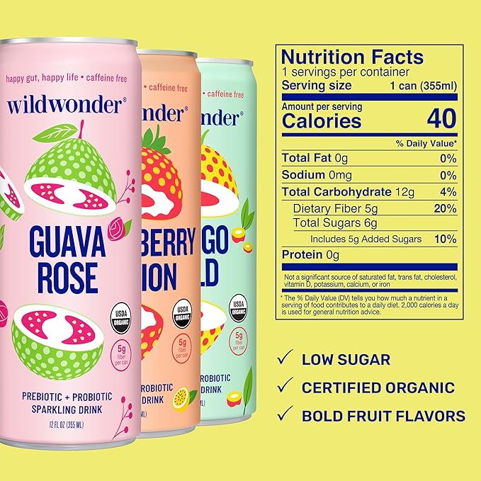 wildwonder Sparkling Probiotic Drink 12pk, For Gut Health & Immune Support, Tropical Vibes Variety, 5g Prebiotic Fiber, Live Probiotics, Organic, Vegan, Low Sugar, 12Pack, 12oz Can, Seen on Shark Tank