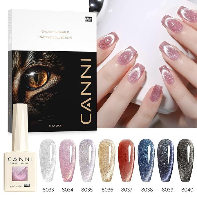 CANNI 8 Pcs 9 ML Cat Eye Gel Nail Polish Set, Jelly Pink Red Purple Blue Black Glitter Cat Eye Gel Polish Kit with Magnet Shimmer Colors Soak Off Manicure Salon DIY Gifts