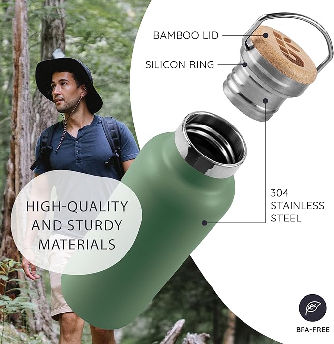 Bambaw 32oz Insulated Water Bottle, Green Stainless Steel Water Bottle, Large Water Bottle Stainless Steel, Hiking Water Bottle, Metal Water Bottle, 32 oz Water Bottle – Sage Green