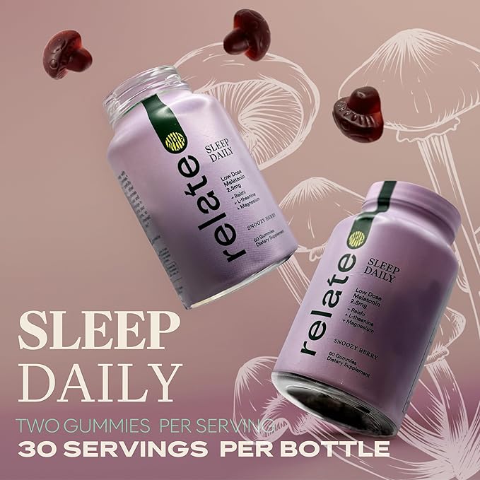 Relate Sleep Daily Gummies - Mushroom-Infused Sleep Support with Low-Dose Melatonin, Magnesium, L-Theanine, Lion's Mane, Reishi, Cordyceps, and Turkey Tail Mushrooms - Vegan, Made in USA - 60 Count