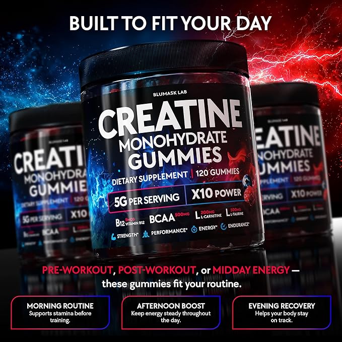 Creatine Monohydrate Gummies Complex 5000 MG for Men & Women, Preworkout Gummy with BCAA, L-Carnitine, Taurine & Vitamin B12 for Muscle Growth, Strength & Energy Support , Flavored and Chewable