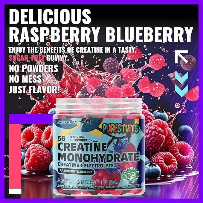 Creatine Monohydrate Gummies (5g) – Pre-Workout Energy & Muscle Growth Support for Men & Women | Blueberry Raspberry Electrolyte Gummies (135 Count)