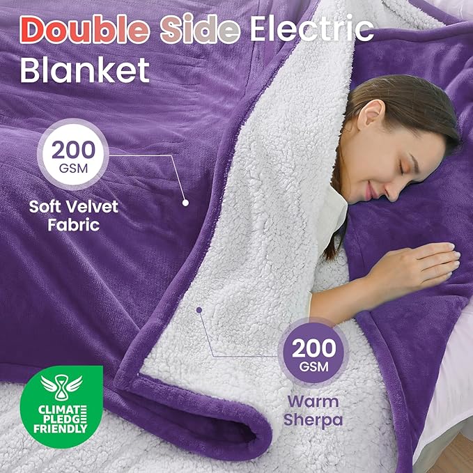 Sunable Heated Electric Blanket - Machine Washable Blanket with Time Settings 10 Heat Settings Queen Size 84×90 inches Purple - Velvet & Sherpa