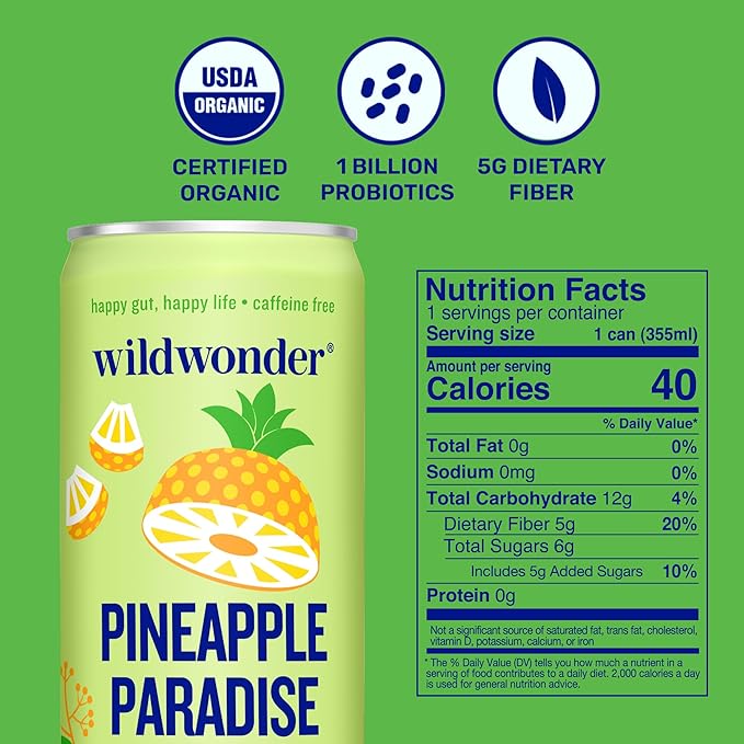 wildwonder Sparkling Probiotic Drink 12pk, For Gut Health & Immune Support, Pineapple Paradise, 5g Prebiotic Fiber, Live Probiotics, Organic, Vegan, Low Sugar, 12 Pack, 12oz Can, As Seen on Shark Tank