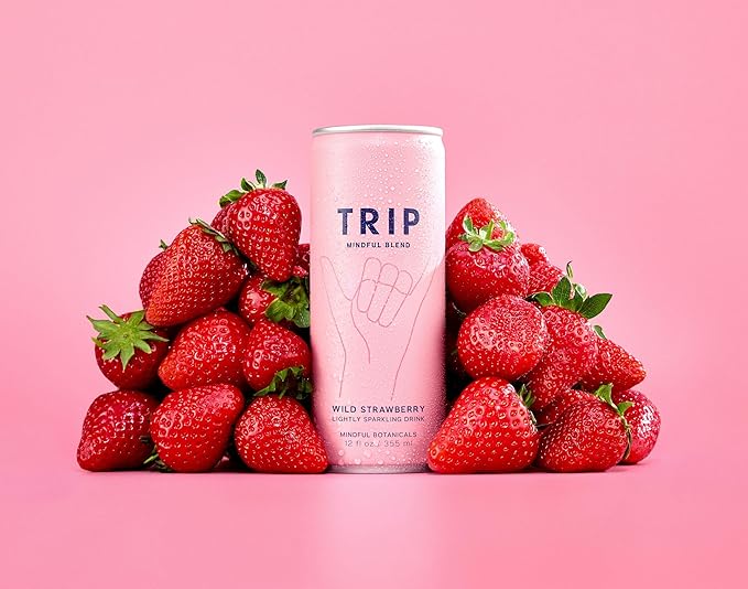 Trip Drink Mindful Blend, Lightly Sparkling Adaptogen Seltzer, Adaptogen Drink 120 MG Magnesium Citrate with Ashwagandha, Lions Mane & L Theanine, No Added Sugar, Low Calorie, Vegan, Wild Strawberry, 12 Oz, 12Pk