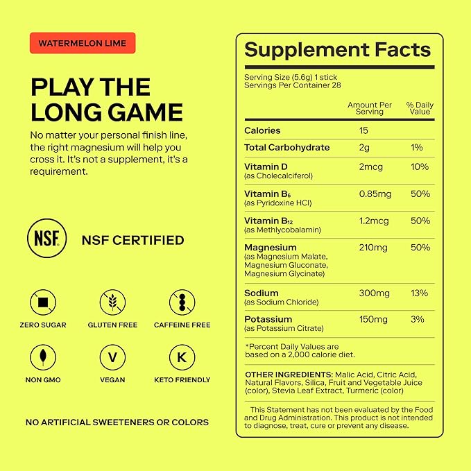 MAGNA Electrolyte Powder Drink Mix for Hydration, Energy & Focus Support with Magnesium L Threonate, Sodium, Potassium, Vitamin D, B6 & B12, Sugar Free, Watermelon Lime Flavor, 28 Servings