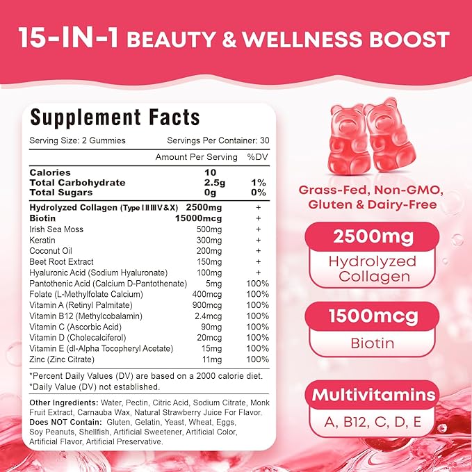 Sugar Free Collagen Gummies for Women & Men | Hydrolyzed Collagen Peptides for Hair, Skin & Nails | Multi Collagen Protein Type I, II, III, V, X with Biotin & Vitamin C | Strawberry Flavor, 60 Count