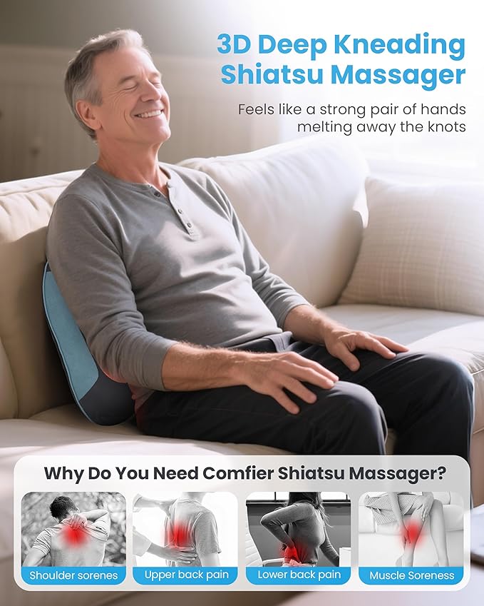 Cordless Back Massager for Pain Relief Deep Tissue, Shiatsu Back Massager with Heat, 3D Knead Shoulder Neck Massager, Rechargeable Seat Massager for Chair,Car, Office, Home, Gifts/Presents