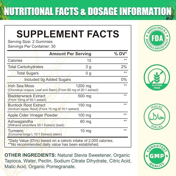 Irish Sea Moss Gummies: Seamoss Gummies Supplement with Bladderwrack Burdock Root & Ashwagandha Boosts Immune Support Gut Health Vegan Supplement for Adults & Kids 60 Gummies