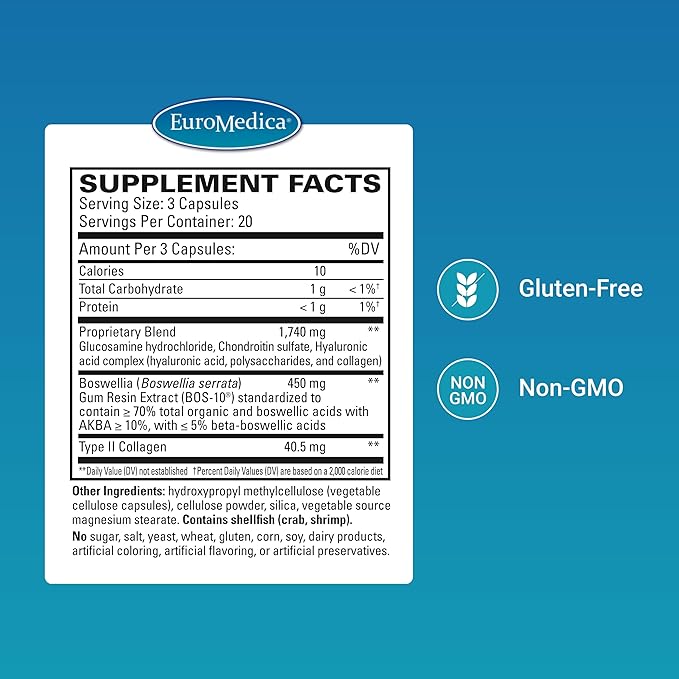 EuroMedica Collagen Joint Complex - Collagen Supplement for Joint Health Support - Dietary Supplement with Boswellia Extract & Type II Collagen - Lower Back & Knee Support - 60 Capsules