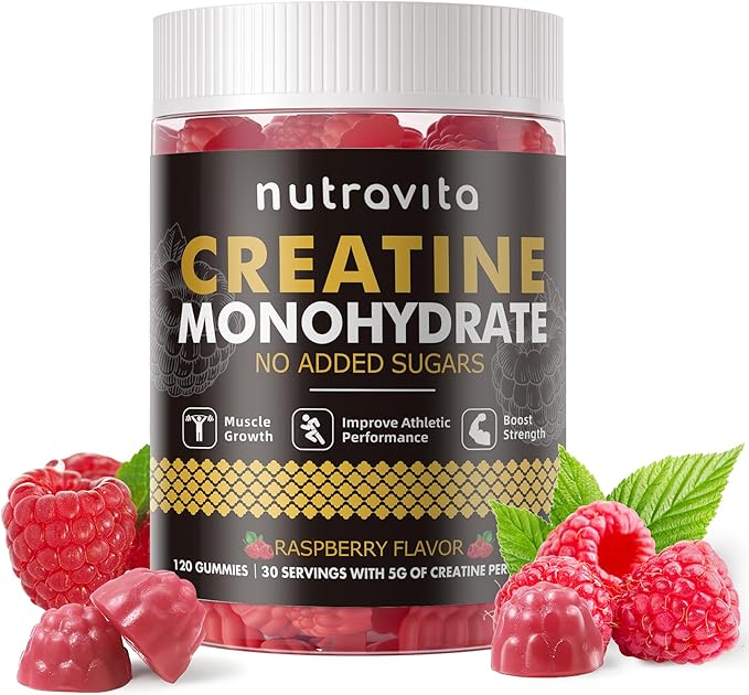 Nutravita Creatine Monohydrate Gummies for Men & Women-5g of Creatine Monohydrate per Serving - Sugar Free,Vegan, Raspberry Flavor, 120 Count
