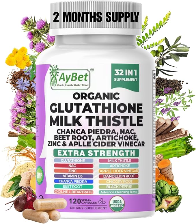 Glutathione NAC Milk Thistle Supplement | Liver Health Support | 32-in-1 Herbal Antioxidant Formula with Chanca Piedra, Turmeric, Dandelion Root, Beet Root & Zinc | Halal Vegan Organic Daily Wellness