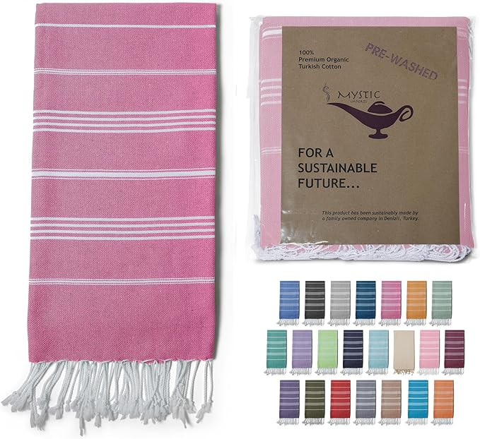 Mystic Turkish Beach Towel Pestemal - 100% Organic Cotton - Extra Large - Quick Dry - Bath - Beach - Gym - Yoga - Travel - Sultan Model (Dark Pink)