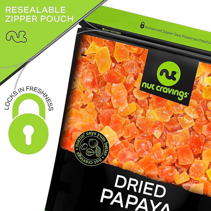 NUT CRAVINGS - Sun Dried Papaya Chunks, Lightly Sweetened (48oz, 3 LB) Bulk Dry Fruits Packed Fresh in Resealable Bag - Sweet Healthy Snack, Naturally Grown, Vegan, Kosher