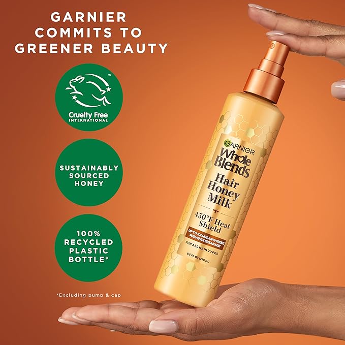 Garnier Whole Blends Honey Treasures Repairing Shampoo (22 Fl Oz), Conditioner (22 Fl Oz) + Hair Honey Milk 450F Heat Protectant Spray (2 Count) (8.5 Fl Oz) (4 Items), Bundle (Packaging May Vary)