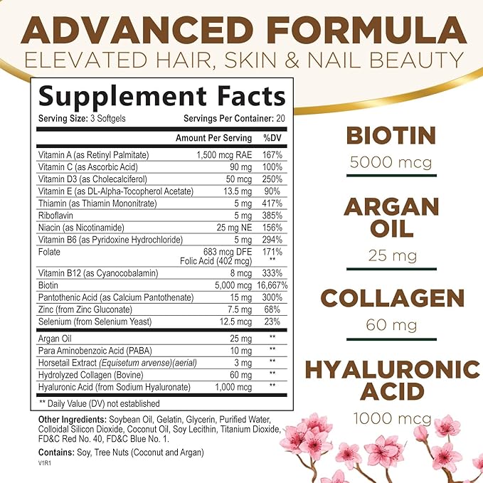 Hair, Skin & Nails Vitamins for Women - Biotin 5000mcg to Support Hair Growth with Argan Oil, Collagen & Hyaluronic Acid, Beautiful, Stronger Skin, Hair & Nails Vitamin Supplement - 60 Softgels