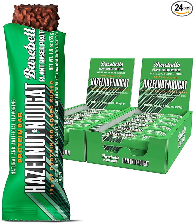 Barebells Vegan Protein Bars Hazelnut & Nougat - 12 Count, Pack of 2 - Plant Based Protein Bar with 15g of High Protein - Chocolate Protein Snacks with 1g of Total Sugars - On The Go Breakfast Bars