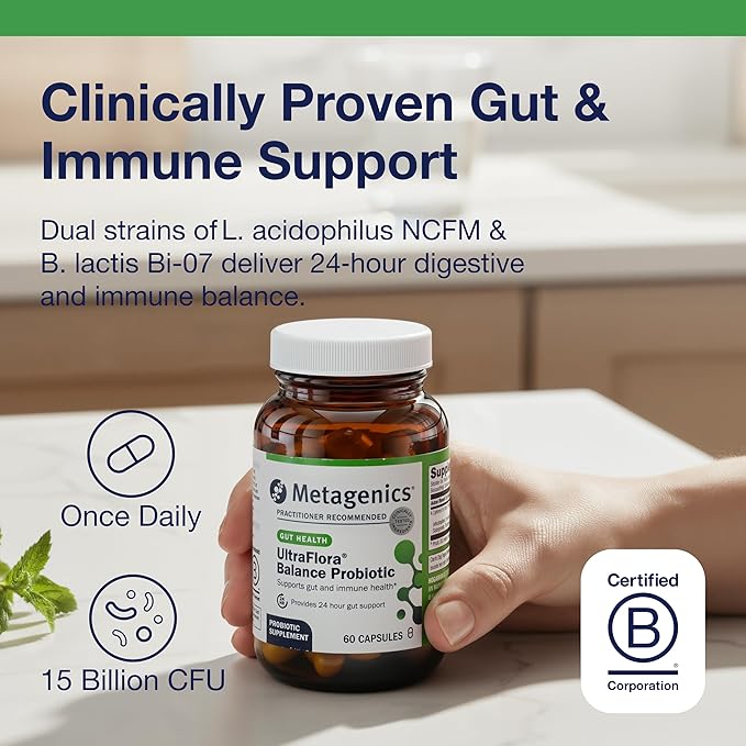 Metagenics UltraFlora Balance Probiotic - Shelf-Stable Daily Gut Health Supplement for Digestive & Immune Support* - Non-GMO & Gluten-Free - 60 Capsules