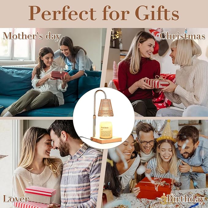 Candle Warmer Lamp Adjustable Height & Dimmable, Electric Candle Warmers for Jar Candles, Home Decor Lamp with Timer, Perfect Gifts for Women Men, Safe Night Light for Bedroom Office (Amber-wood B)