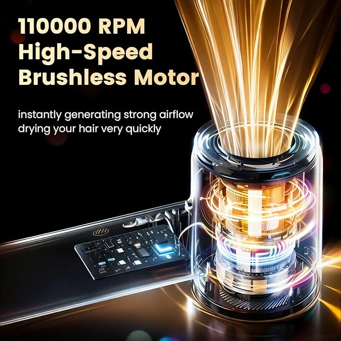 Hair Dryer,110000 RPM High-Speed Brushless Motor for Fast Drying with HD Digital Display Low Noise Compact Hair Blow Dryer for Curly Hair for Home Travel Salon #201BK