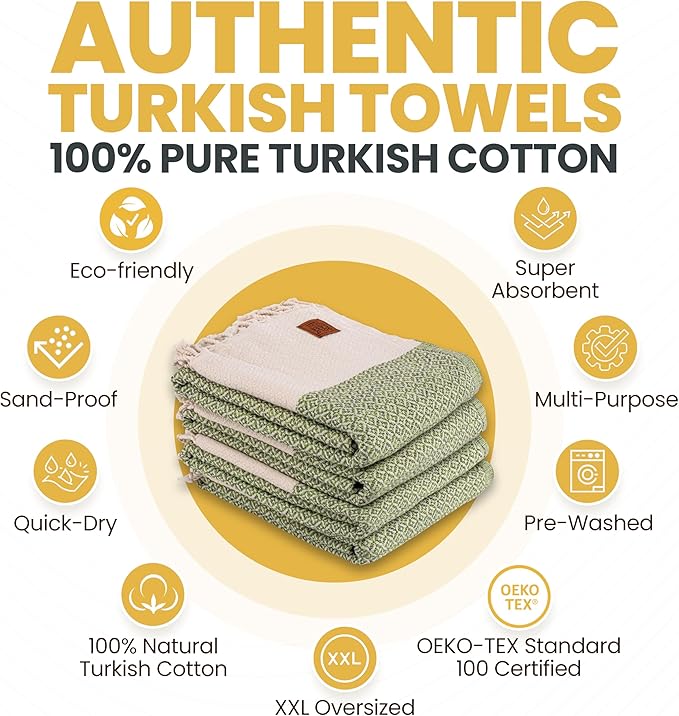 Gold CASE Turkish Beach Towel Set of 4 – 100% Cotton Large Turkish Bath Towels 67 x 38'' – Aphrodite Extra Large, Quick Dry & Sand Free Towels – Peshtemal for Pool – Pistachio