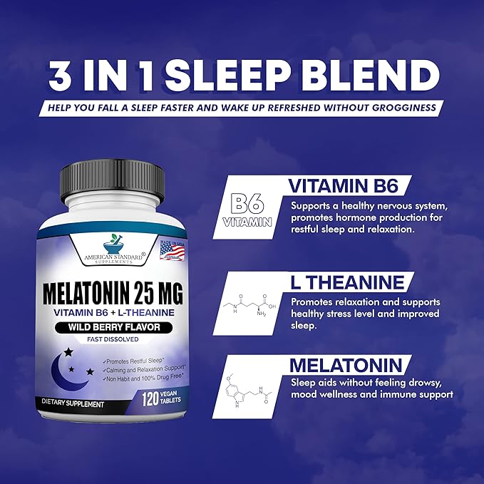 Melatonin 25mg Per One Tablet, 120 Chewable Tablet with L-Theanine & Vitamin B-6, Supports Healthy Sleep Cycle , Promotes Calming & Restful Sleep, Vegan, NON GMO, Made In USA (Pack of 2)