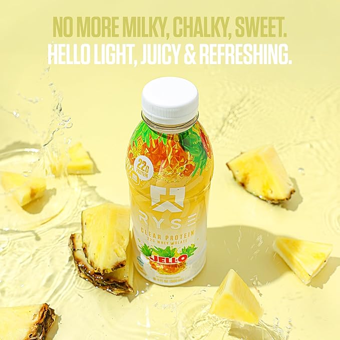 RYSE Clear Protein Shake - Jell-O Island Pineapple - 100 Calories, 22g Whey Isolate Protein, Sugar-Free, 0g Fat & Lactose-Free - Refreshing Ready-to-Drink Beverage - 16.9 fl oz Bottles (12-Pack)
