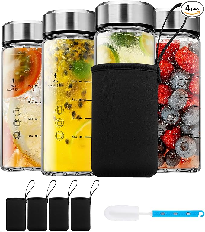 SIEROZUR Glass Juice Bottles 12 oz-4 Pack Leak Proof Wide Mouth Water Bottle with Stainless Steel Lid & Sleeve - for Juicing, Smoothies, Infused Water, Beverage Storage, Eco-Friendly Borosilicate
