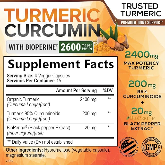 Turmeric Curcumin Supplement 2600mg - 95% Curcuminoids with Organic Turmeric & BioPerine Black Pepper Extract for Best Absorption, Natural Vegan Joint Support, Non-GMO, Bottled in USA - 60 Capsules