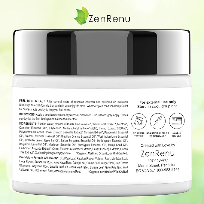 Hemp Cream Maximum Strength - Menthol Rub with Hemp Oil, Arnica, Lavender, Aloe Vera, Kava Kava, & Camphor - Natural Hemp Muscle Rub Cream for Skin, Muscles & Joints - ZenRenu, 4 oz