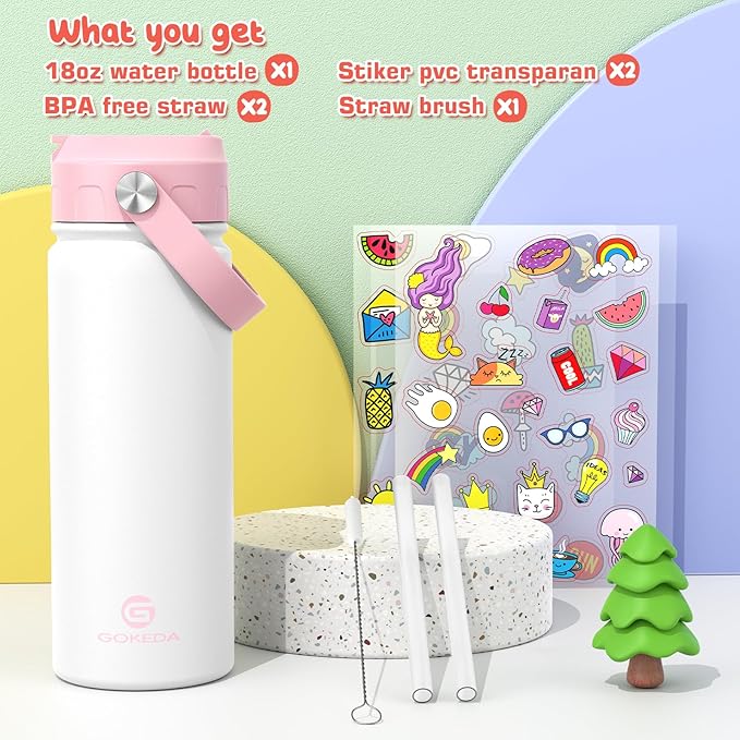 18oz Kids Water Bottle, Insulated Water Bottles with Stickers, 18/8 Stainless Steel Vacuum Leak Proof Straw Cup for School, Gifts for Boys Girls(Pink,White)