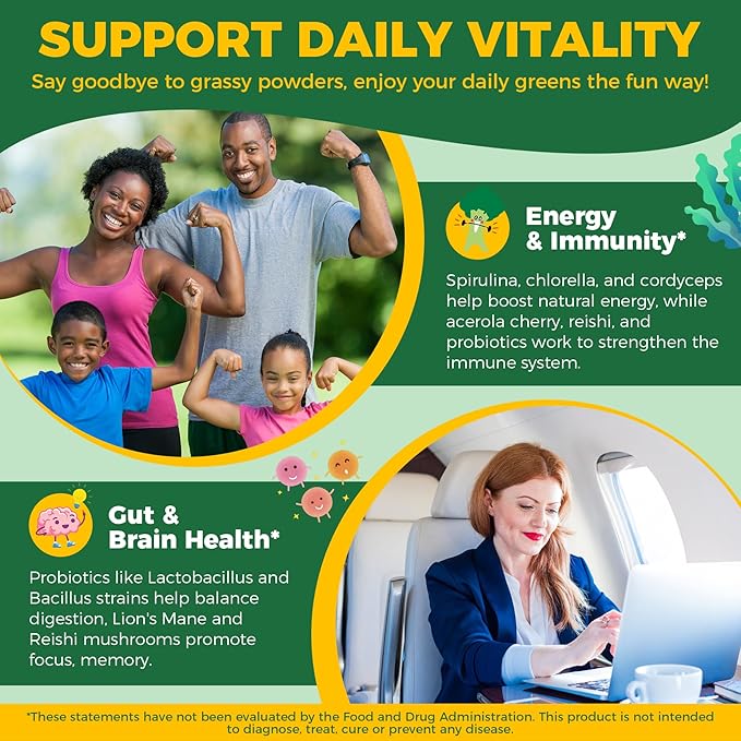 Organic Super Greens Daily Gummies + Probiotics, Spirulina, Chlorella, Spinach, Broccoli, Fiber, Fruits Veggies, Mushroom - Greens Powder Superfood Alternative, Natural Energy, Sugar Free Vegan, 60Cts