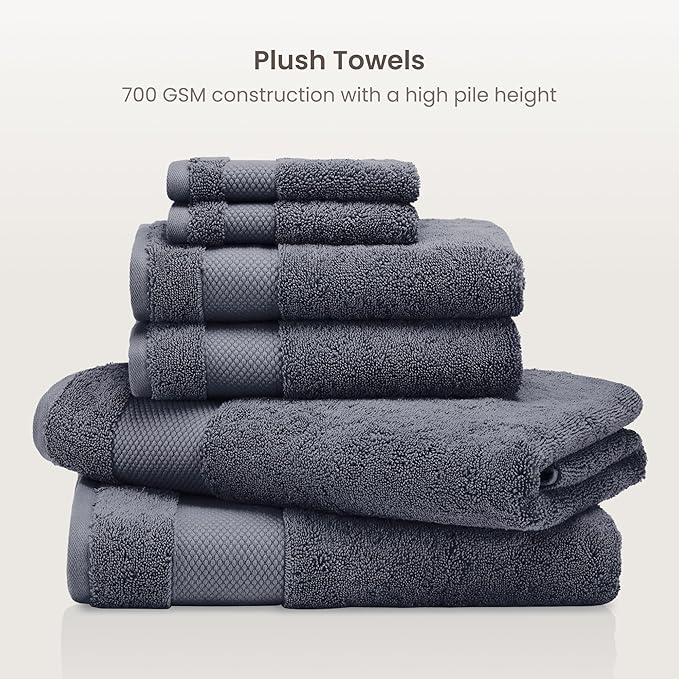 BIOWEAVES 100% Organic Cotton Bath Towel Set | 700 GSM Plush 7-Piece Premium Towel Set GOTS Certified, 2 Bath Towels, 2 Hand Towels & 2 Washcloths, 1 Bath Mat - Charcoal