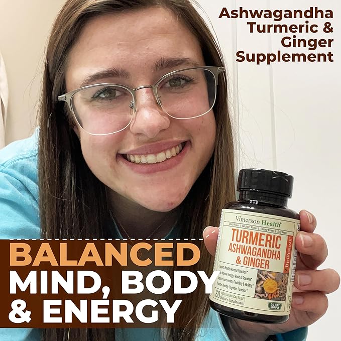 Ashwagandha Turmeric Curcumin Supplement with Ginger - Organic Turmeric Supplement, Curcumin with Black Pepper (95% Curcuminoids), Ginger Root for Joint Health, Energy & Immune Support. 60 Capsules