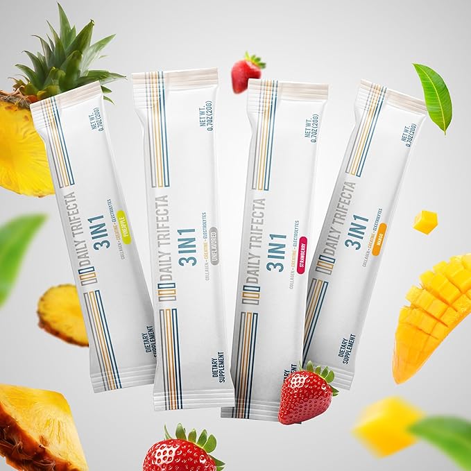 Daily Trifecta 3-in-1 Collagen, Creatine & Electrolyte Stick Packs | Type I Collagen, Creatine Monohydrate, Zero Sugar | 30 Natural Single-Serve Packets | Strength, Hydration & Recovery (Mango)