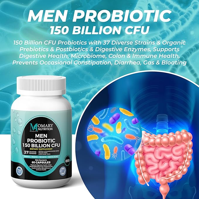 8 in 1 Bio Cultures Complex for Men, 150 Billion CFU Probiotics | 37 Diverse Strains | Organic Prebiotics | Postbiotics | Digestive Enzymes, Support Digestive Health, Microbiome, Colon & Immune Health
