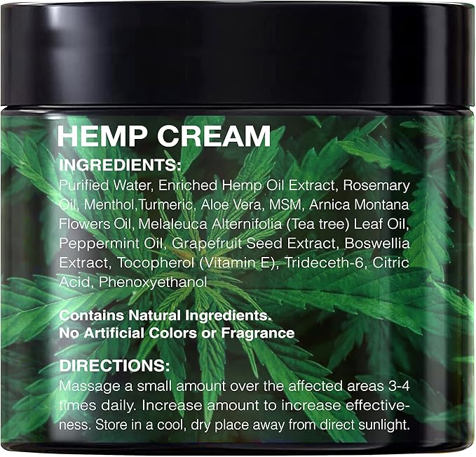 Natural Hemp Cream 8 fl oz - Arnica,MSM, Turmeric, Emu Oil, Menthol, Aloe