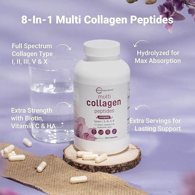 Micro Ingredients Multi Collagen Pills for Women & Men, 240 Capsules | Type I, II, III, V, X - Hydrolyzed Peptides with Biotin, Hyaluronic Acid & Vitamin C | Hair, Skin, Nail & Joint Support*