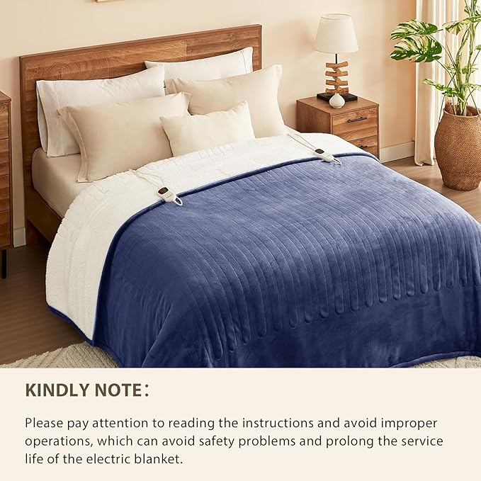 Homemate Electric Heated Blanket Queen - 84"x90" Heating Bed Blankets Throw with 10 Heating Levels 8 Hours Auto Off Fast Heating Over-Heated Protection Ultra Soft Warm Flannel ETL Certified Navy Blue
