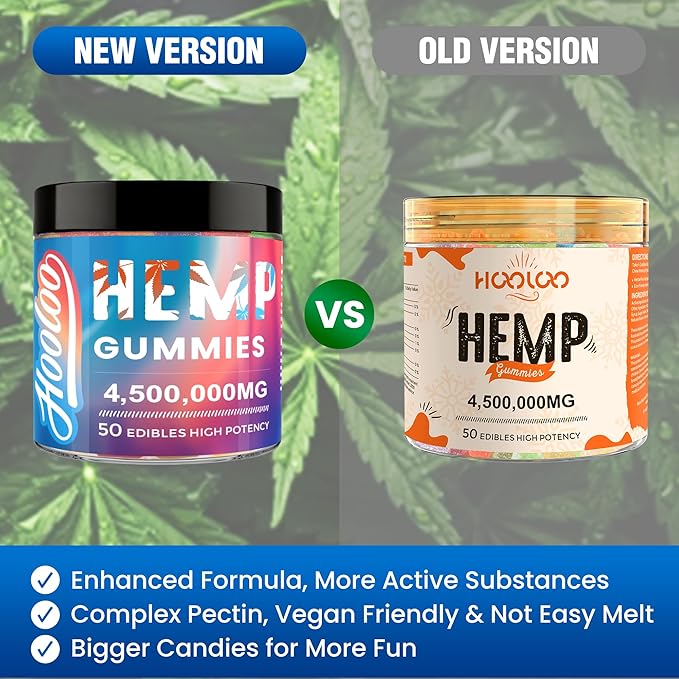 HOOLOO Hemp Gummies for Deep Bedtimes, Unwind, Focus - 6 Fruity Flavors Big Cubes Gummy Infused Vitamins Omega 3 - Extra Stength 4,500,000mg for Adults - Made in USA