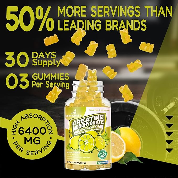 Creatine Monohydrate Gummies Complex for Men & Women -Advanced Formula W/L-Taurine + Vitamin B12, Sugar Free Chewable Supplement,90 Lemon Gummies