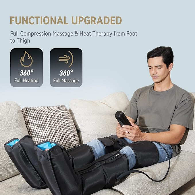 FIT KING Air Compression Leg Massager with Heat for Circulation Upgraded Full Leg and Foot Massager to Relieve Pain, Swelling, Edema, RLS - Built-in Pressure Sensor & LCD Display - Gift for Mom Wife